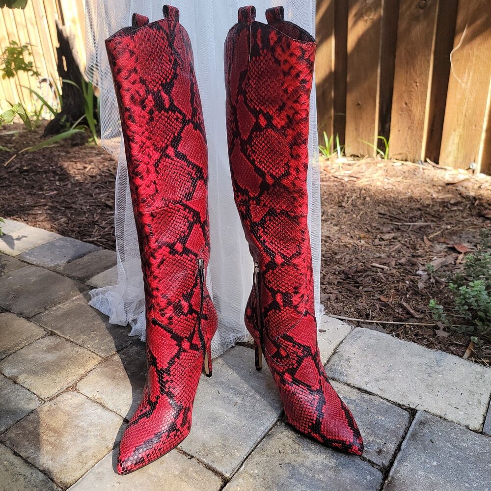 Vince Camuto Kervana Red Leather Snake Print Boots Knee High Stiletto 8.5M/39